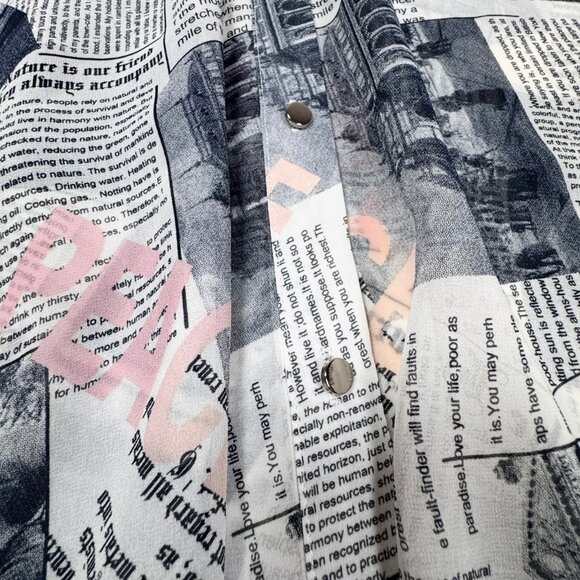 Why Dress Flowy Top Sz.L Newspaper Print Novelty Longline Ruffle 90s Maximalist - Picture 9 of 12